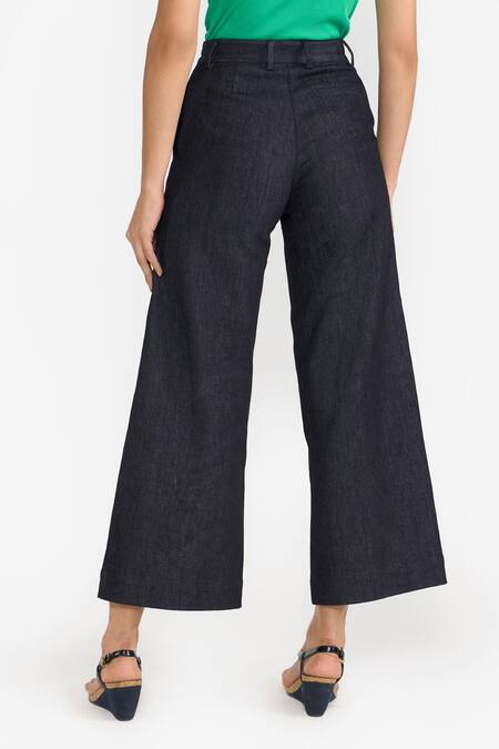 Shop Perona Blue Cotton Plain Helena Wide Legged Pant at Aza Fashions Shop_Perona_Blue Cotton Plain Helena Wide Legged Pant _at_Aza_Fashions