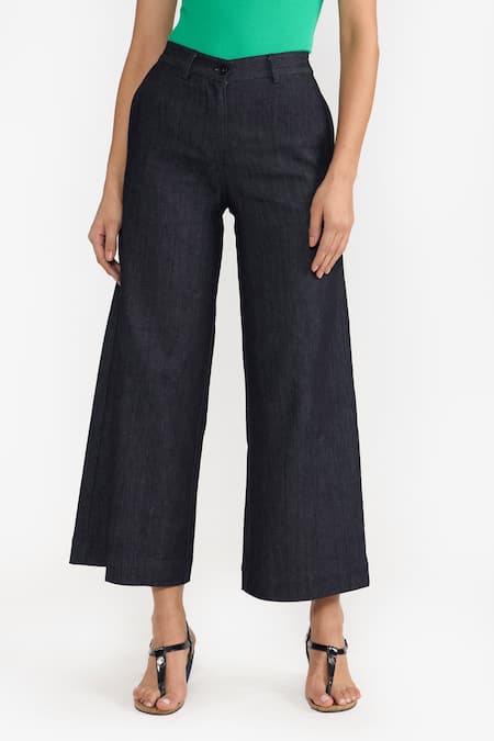 Perona Blue Cotton Plain Helena Wide Legged Pant Online at Aza Fashions Perona_Blue Cotton Plain Helena Wide Legged Pant _Online_at_Aza_Fashions