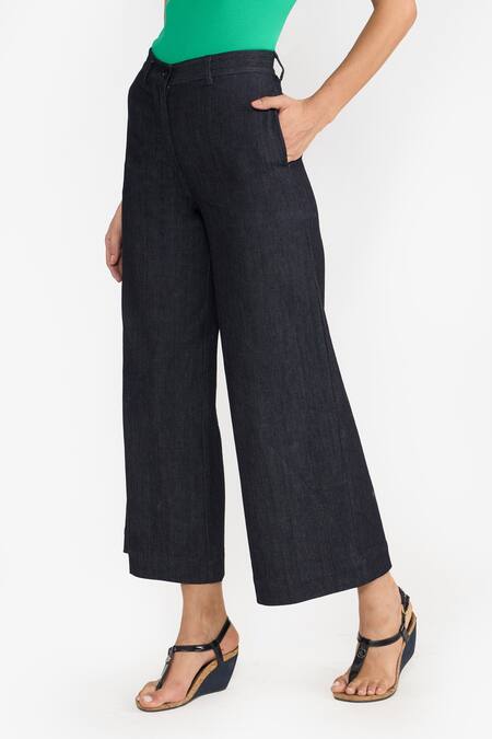 Buy Perona Blue Cotton Plain Helena Wide Legged Pant Online at Aza Fashions Buy_Perona_Blue Cotton Plain Helena Wide Legged Pant _Online_at_Aza_Fashions