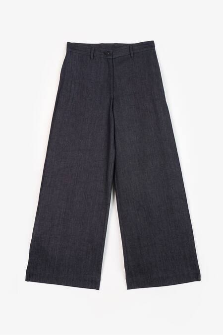 Perona Blue Cotton Plain Helena Wide Legged Pant at Aza Fashions Perona_Blue Cotton Plain Helena Wide Legged Pant _at_Aza_Fashions