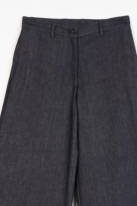Buy Perona Blue Cotton Plain Helena Wide Legged Pant Buy_Perona_Blue Cotton Plain Helena Wide Legged Pant