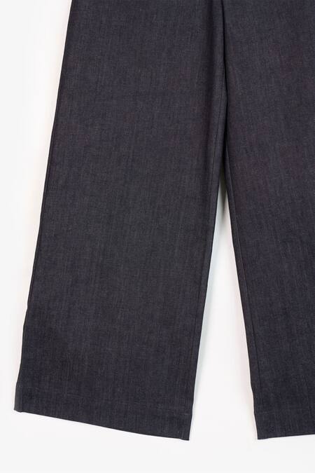 Shop Perona Blue Cotton Plain Helena Wide Legged Pant Shop_Perona_Blue Cotton Plain Helena Wide Legged Pant