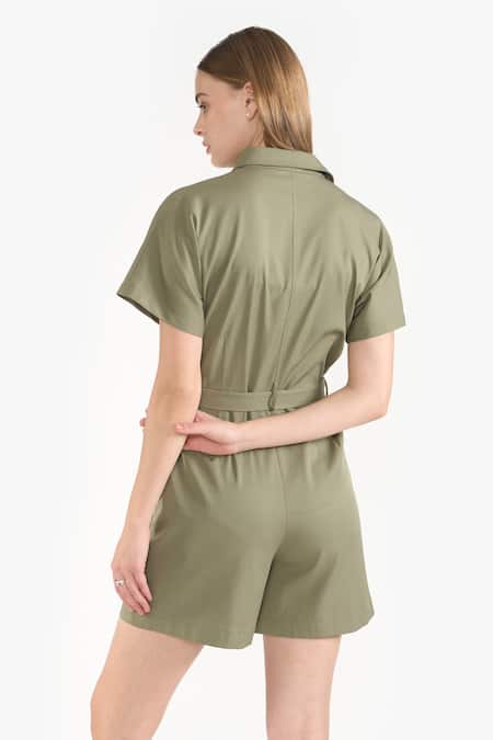 Shop Perona Green Cotton Plain Collared Neck Jade Jumpsuit at Aza Fashions Shop_Perona_Green Cotton Plain Collared Neck Jade Jumpsuit _at_Aza_Fashions
