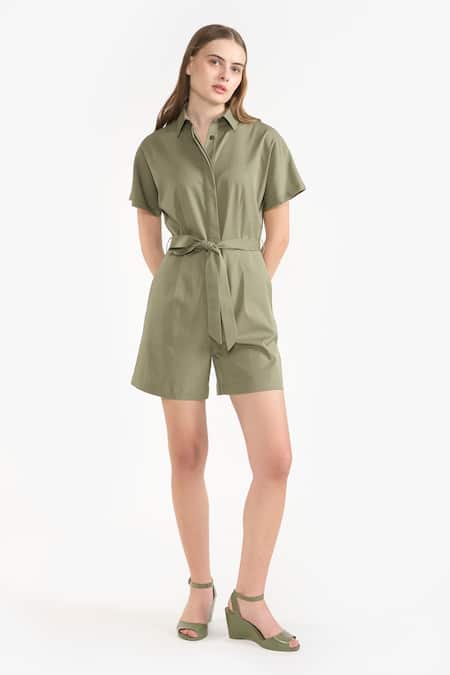 Perona Green Cotton Plain Collared Neck Jade Jumpsuit Online at Aza Fashions Perona_Green Cotton Plain Collared Neck Jade Jumpsuit _Online_at_Aza_Fashions