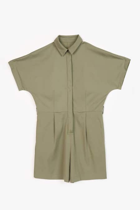 Buy Perona Green Cotton Plain Collared Neck Jade Jumpsuit Online at Aza Fashions Buy_Perona_Green Cotton Plain Collared Neck Jade Jumpsuit _Online_at_Aza_Fashions