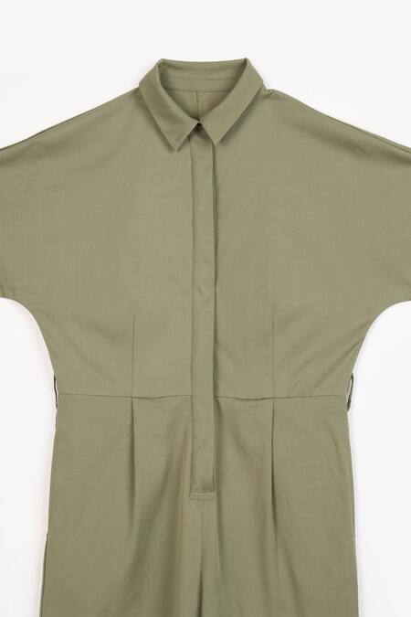 Shop Perona Green Cotton Plain Collared Neck Jade Jumpsuit Online at Aza Fashions Shop_Perona_Green Cotton Plain Collared Neck Jade Jumpsuit _Online_at_Aza_Fashions