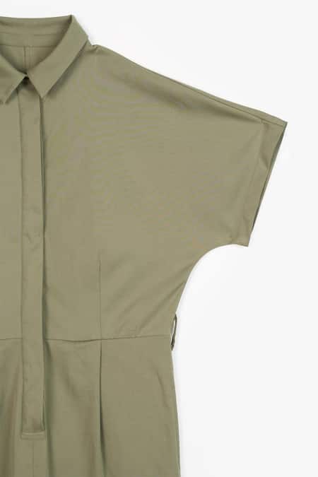 Perona Green Cotton Plain Collared Neck Jade Jumpsuit at Aza Fashions Perona_Green Cotton Plain Collared Neck Jade Jumpsuit _at_Aza_Fashions