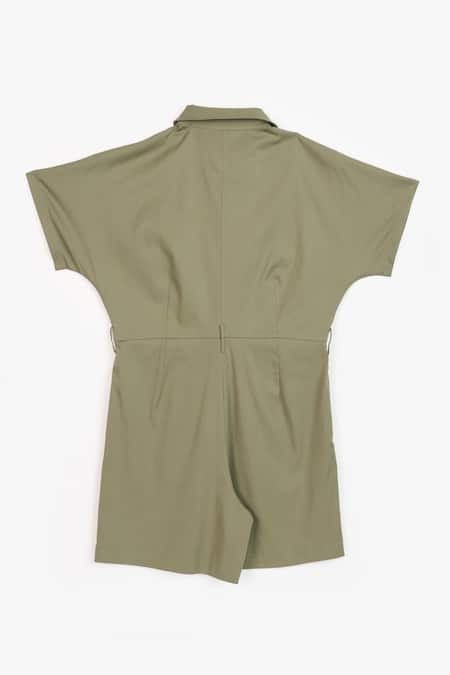 Buy Perona Green Cotton Plain Collared Neck Jade Jumpsuit Buy_Perona_Green Cotton Plain Collared Neck Jade Jumpsuit