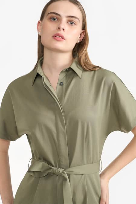 Shop Perona Green Cotton Plain Collared Neck Jade Jumpsuit Shop_Perona_Green Cotton Plain Collared Neck Jade Jumpsuit