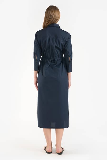 Perona Blue Cotton Plain Collared Neck Janie Dress Online at Aza Fashions Perona_Blue Cotton Plain Collared Neck Janie Dress _Online_at_Aza_Fashions