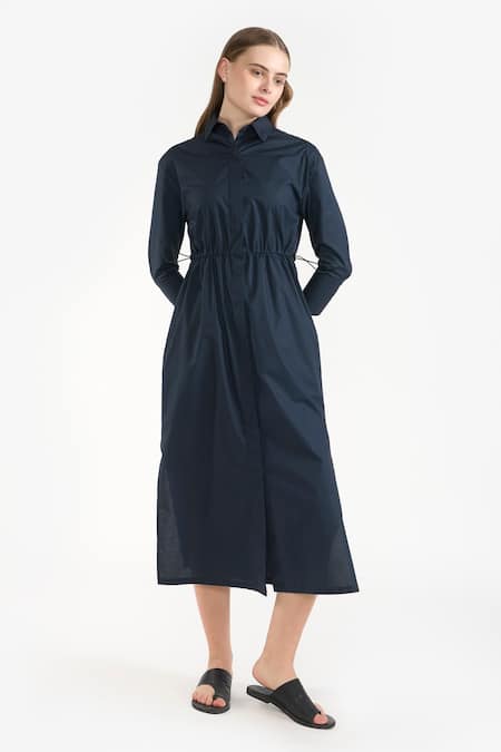 Buy Perona Blue Cotton Plain Collared Neck Janie Dress Online at Aza Fashions Buy_Perona_Blue Cotton Plain Collared Neck Janie Dress _Online_at_Aza_Fashions
