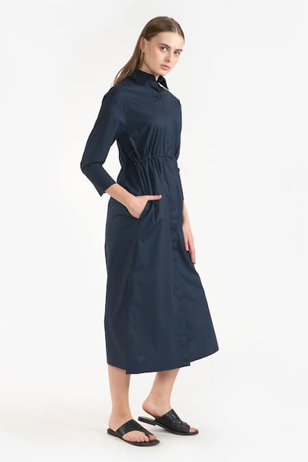 Shop Perona Blue Cotton Plain Collared Neck Janie Dress Online at Aza Fashions Shop_Perona_Blue Cotton Plain Collared Neck Janie Dress _Online_at_Aza_Fashions