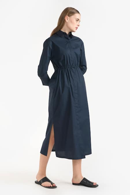 Perona Blue Cotton Plain Collared Neck Janie Dress at Aza Fashions Perona_Blue Cotton Plain Collared Neck Janie Dress _at_Aza_Fashions