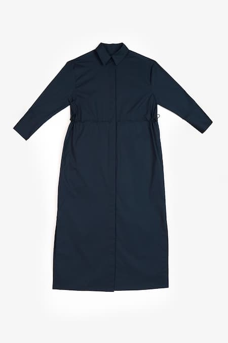 Buy Perona Blue Cotton Plain Collared Neck Janie Dress Buy_Perona_Blue Cotton Plain Collared Neck Janie Dress