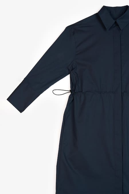 Shop Perona Blue Cotton Plain Collared Neck Janie Dress Shop_Perona_Blue Cotton Plain Collared Neck Janie Dress