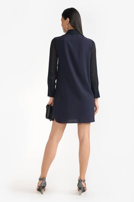 Shop Perona Blue Cotton Plain Collared Neck Josie Color Block Dress at Aza Fashions Shop_Perona_Blue Cotton Plain Collared Neck Josie Color Block Dress _at_Aza_Fashions