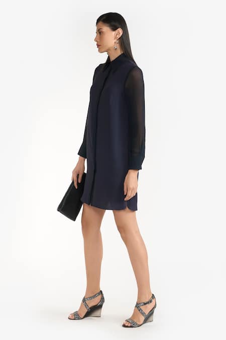 Perona Blue Cotton Plain Collared Neck Josie Color Block Dress Online at Aza Fashions Perona_Blue Cotton Plain Collared Neck Josie Color Block Dress _Online_at_Aza_Fashions