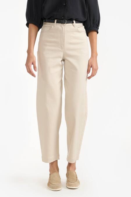 Perona_Beige Cotton Plain Juliette Barrel Pant _Online_at_Aza_Fashions