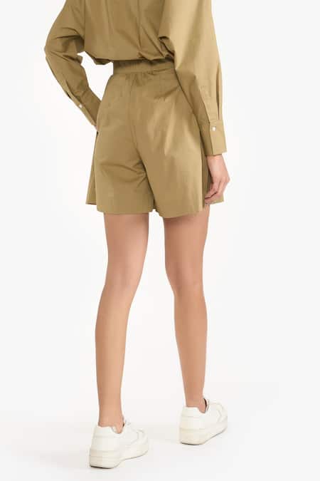 Shop Perona Green Cotton Plain Kimiko Box Pleated Shorts at Aza Fashions Shop_Perona_Green Cotton Plain Kimiko Box Pleated Shorts _at_Aza_Fashions