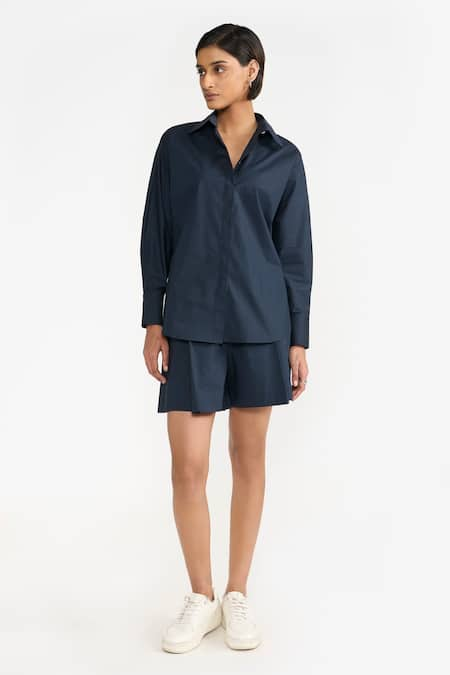 PERONA Blue Cotton Plain Kimiko Box Pleated Shorts 