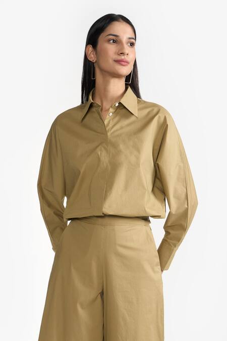 Perona Green Cotton Plain Collared Neck Kimiko Shirt Online at Aza Fashions Perona_Green Cotton Plain Collared Neck Kimiko Shirt _Online_at_Aza_Fashions