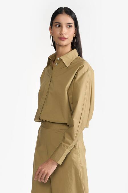 Buy Perona Green Cotton Plain Collared Neck Kimiko Shirt Online at Aza Fashions Buy_Perona_Green Cotton Plain Collared Neck Kimiko Shirt _Online_at_Aza_Fashions