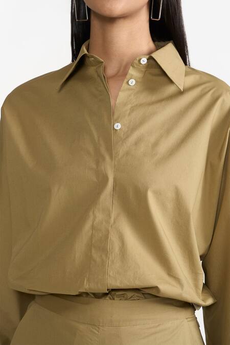 Buy Perona Green Cotton Plain Collared Neck Kimiko Shirt Buy_Perona_Green Cotton Plain Collared Neck Kimiko Shirt