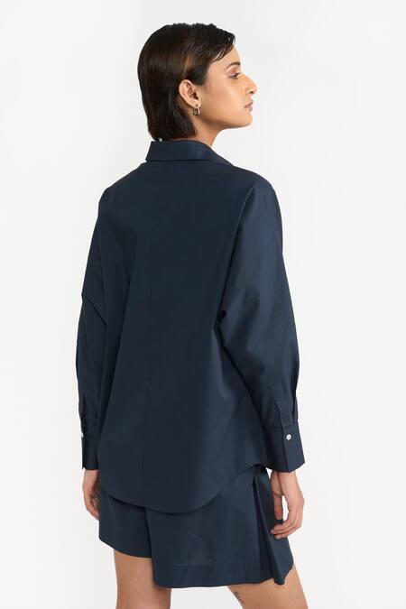 Shop Perona Blue Cotton Plain Collared Neck Kimiko Full Sleeve Shirt at Aza Fashions Shop_Perona_Blue Cotton Plain Collared Neck Kimiko Full Sleeve Shirt _at_Aza_Fashions