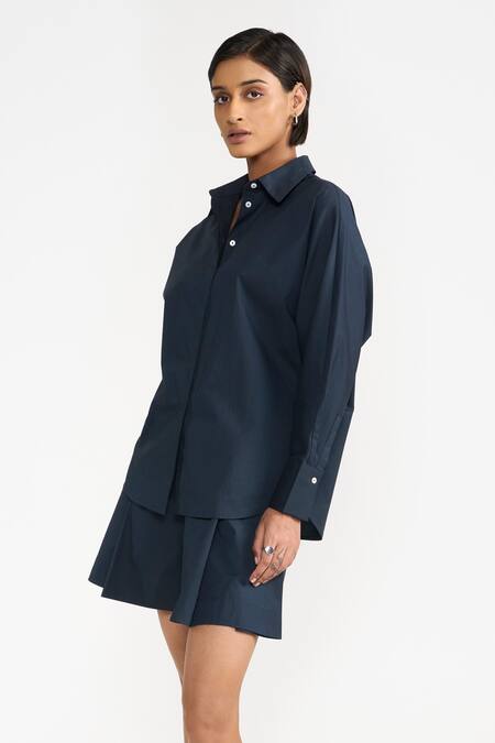 Perona Blue Cotton Plain Collared Neck Kimiko Full Sleeve Shirt Online at Aza Fashions Perona_Blue Cotton Plain Collared Neck Kimiko Full Sleeve Shirt _Online_at_Aza_Fashions