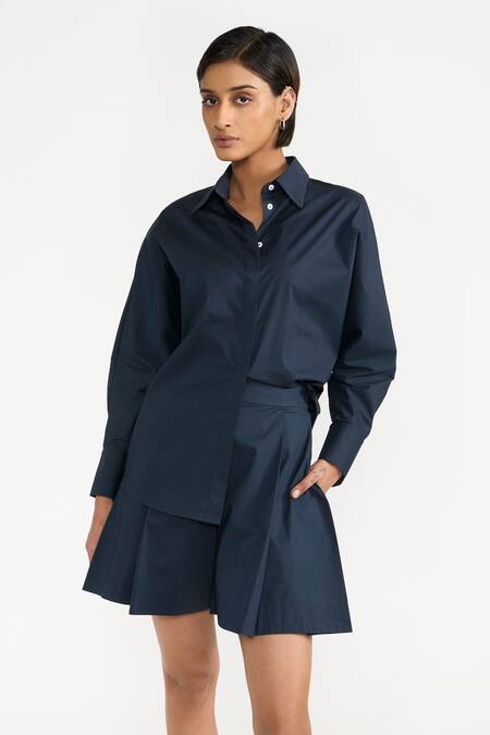 Buy Perona Blue Cotton Plain Collared Neck Kimiko Full Sleeve Shirt Online at Aza Fashions Buy_Perona_Blue Cotton Plain Collared Neck Kimiko Full Sleeve Shirt _Online_at_Aza_Fashions