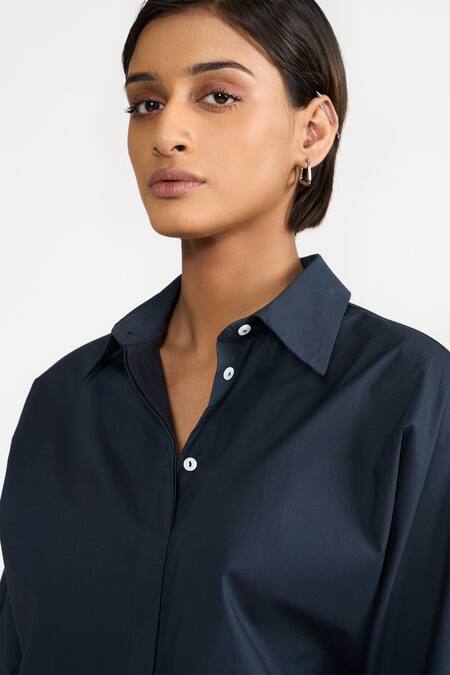 Shop Perona Blue Cotton Plain Collared Neck Kimiko Full Sleeve Shirt Online at Aza Fashions Shop_Perona_Blue Cotton Plain Collared Neck Kimiko Full Sleeve Shirt _Online_at_Aza_Fashions