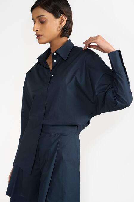Perona Blue Cotton Plain Collared Neck Kimiko Full Sleeve Shirt at Aza Fashions Perona_Blue Cotton Plain Collared Neck Kimiko Full Sleeve Shirt _at_Aza_Fashions