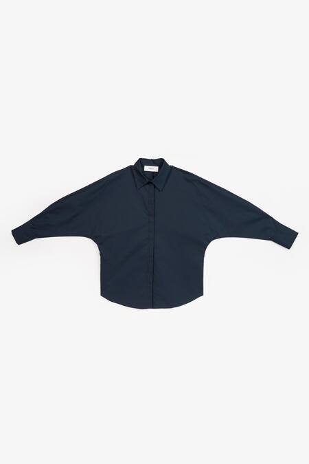 Buy Perona Blue Cotton Plain Collared Neck Kimiko Full Sleeve Shirt Buy_Perona_Blue Cotton Plain Collared Neck Kimiko Full Sleeve Shirt