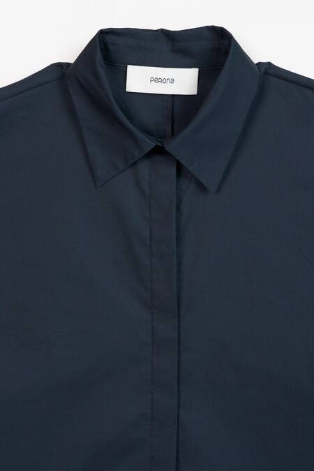 Shop Perona Blue Cotton Plain Collared Neck Kimiko Full Sleeve Shirt Shop_Perona_Blue Cotton Plain Collared Neck Kimiko Full Sleeve Shirt