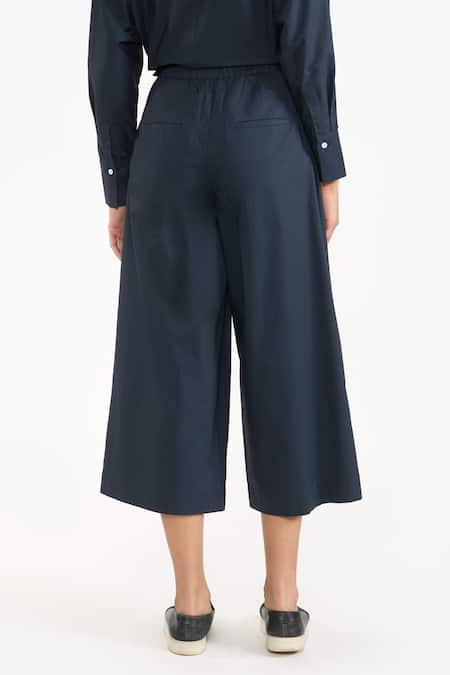 Shop Perona Blue Cotton Plain Kimiko Wide Legged Pant at Aza Fashions Shop_Perona_Blue Cotton Plain Kimiko Wide Legged Pant _at_Aza_Fashions