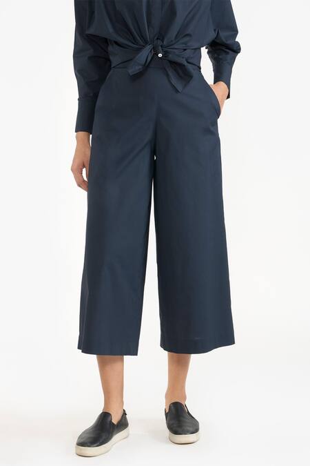 Perona Blue Cotton Plain Kimiko Wide Legged Pant Online at Aza Fashions Perona_Blue Cotton Plain Kimiko Wide Legged Pant _Online_at_Aza_Fashions