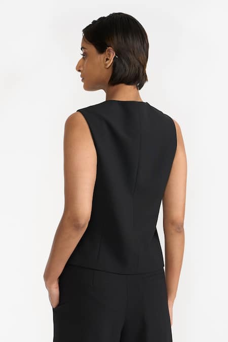 Shop Perona Black Cotton Plain V Neck Maia Vest at Aza Fashions Shop_Perona_Black Cotton Plain V Neck Maia Vest _at_Aza_Fashions