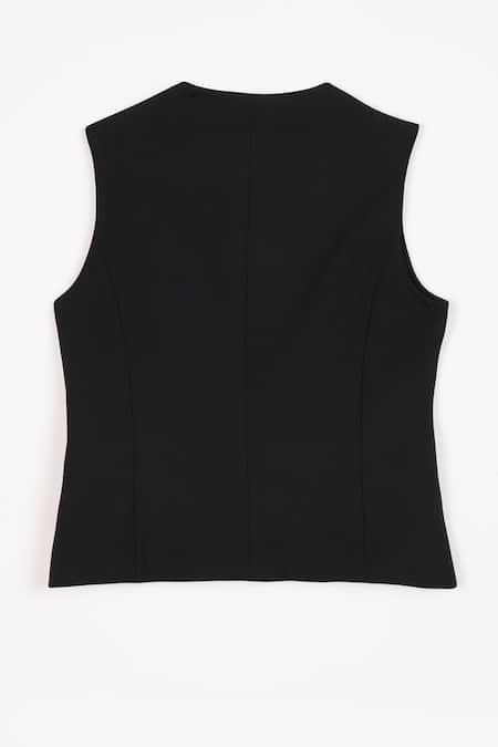 Perona Black Cotton Plain V Neck Maia Vest Online at Aza Fashions Perona_Black Cotton Plain V Neck Maia Vest _Online_at_Aza_Fashions