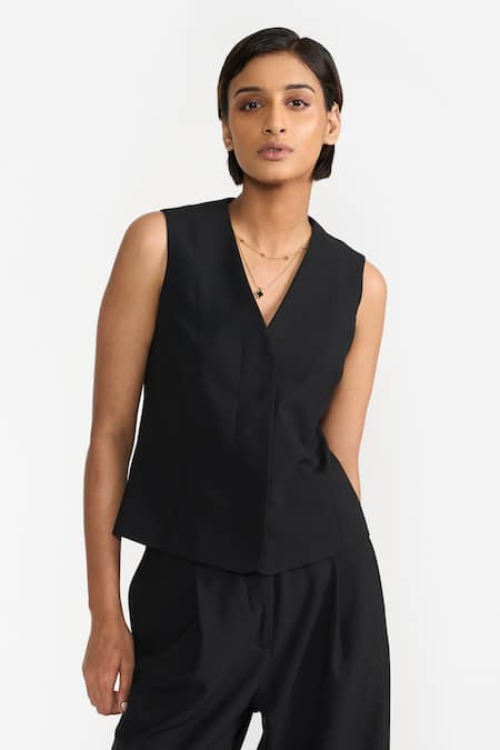 Shop Perona Black Cotton Plain V Neck Maia Vest Online at Aza Fashions Shop_Perona_Black Cotton Plain V Neck Maia Vest _Online_at_Aza_Fashions