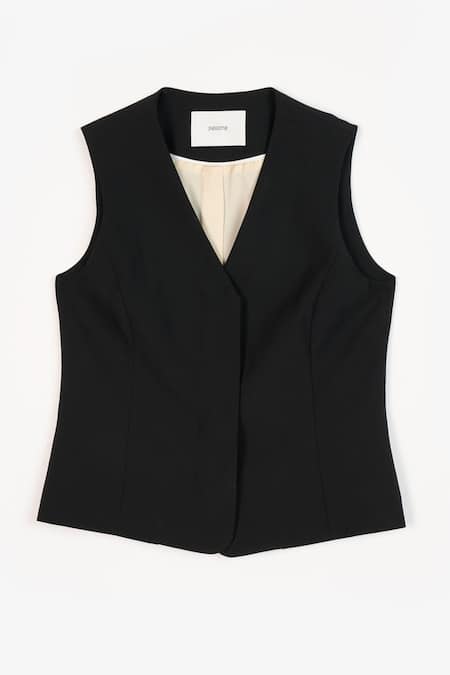 Shop Perona Black Cotton Plain V Neck Maia Vest Shop_Perona_Black Cotton Plain V Neck Maia Vest