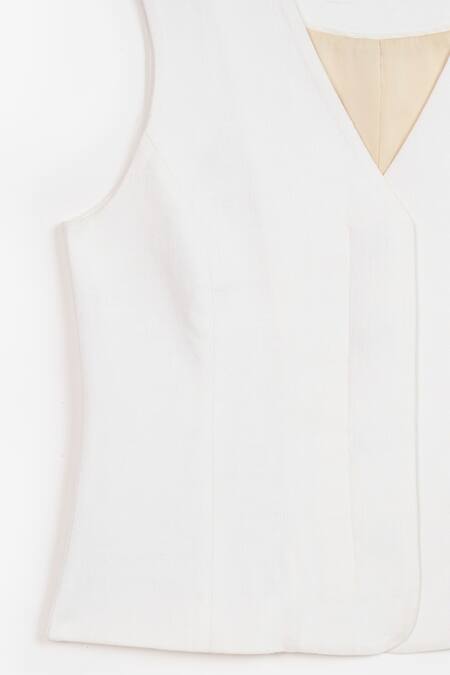 Perona_Ivory Cotton Plain V Neck Maia Vest _Online_at_Aza_Fashions
