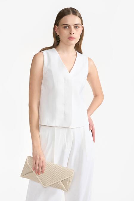 Buy_Perona_Ivory Cotton Plain V Neck Maia Vest _Online_at_Aza_Fashions