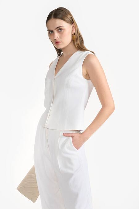 Shop_Perona_Ivory Cotton Plain V Neck Maia Vest _Online_at_Aza_Fashions