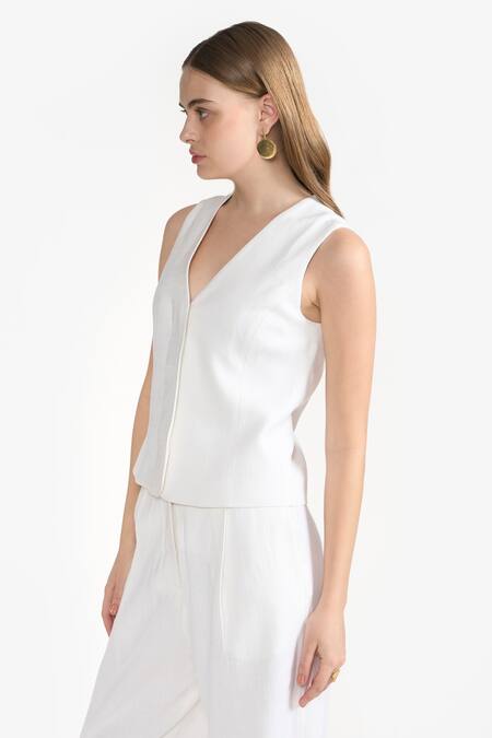 Perona_Ivory Cotton Plain V Neck Maia Vest _at_Aza_Fashions