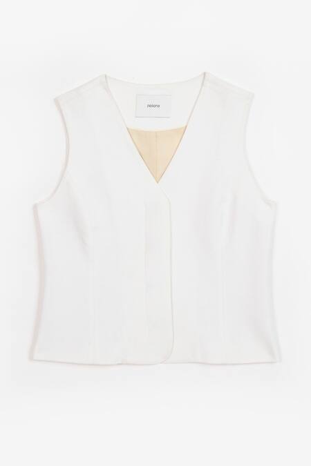 Shop_Perona_Ivory Cotton Plain V Neck Maia Vest 