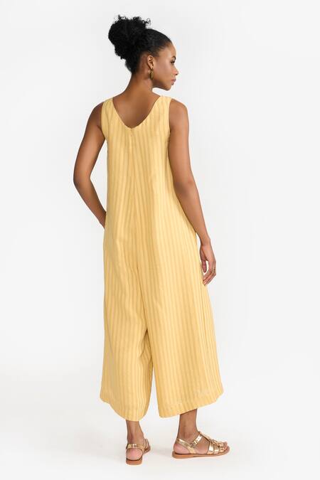 Perona Yellow Cotton Stripe Round Neck Melanie Pattern Jumpsuit Online at Aza Fashions Perona_Yellow Cotton Stripe Round Neck Melanie Pattern Jumpsuit _Online_at_Aza_Fashions