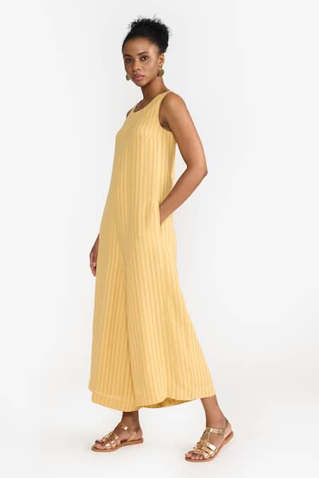 Buy Perona Yellow Cotton Stripe Round Neck Melanie Pattern Jumpsuit Online at Aza Fashions Buy_Perona_Yellow Cotton Stripe Round Neck Melanie Pattern Jumpsuit _Online_at_Aza_Fashions