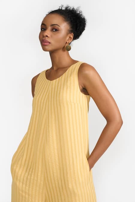 Shop Perona Yellow Cotton Stripe Round Neck Melanie Pattern Jumpsuit Online at Aza Fashions Shop_Perona_Yellow Cotton Stripe Round Neck Melanie Pattern Jumpsuit _Online_at_Aza_Fashions