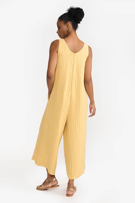 Perona Yellow Cotton Stripe Round Neck Melanie Pattern Jumpsuit at Aza Fashions Perona_Yellow Cotton Stripe Round Neck Melanie Pattern Jumpsuit _at_Aza_Fashions