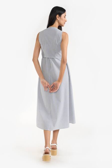 Perona Blue Cotton Stripe V Neck Pattern Belted Dress Online at Aza Fashions Perona_Blue Cotton Stripe V Neck Pattern Belted Dress _Online_at_Aza_Fashions
